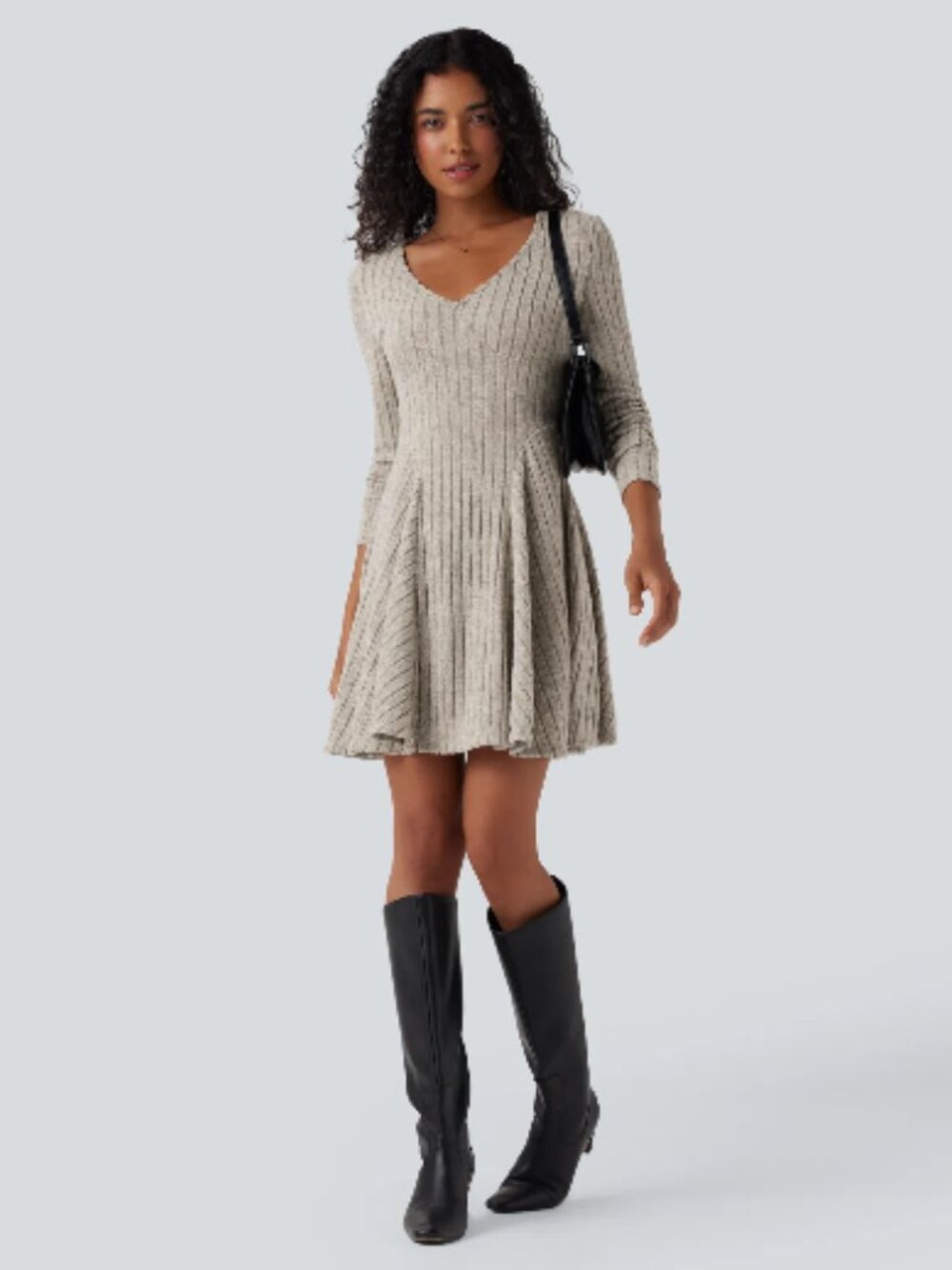 NWT Halara Ribbed Knit V-Neck Long Sleeve Flare Mini Dress Grey Size S‎